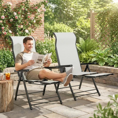 Outsunny Reclining Garden Chairs Set of 2, Folding Light Grey