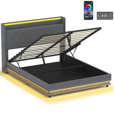 HOMCOM King Bed Frame Hydraulic Storage LED Charging Grey 5ft