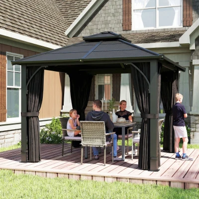 Outsunny Hardtop Gazebo PC Roof with Curtains Dark Grey