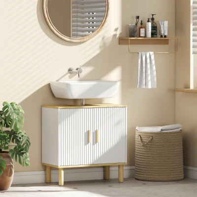 HOMCOM Mueble Bajo Lavabo con Estante Ajustable Armario para Lavabo sin Pedestal con Puertas Acanaladas 60x30x61 cm Blanco