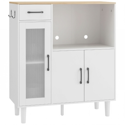 HOMCOM Sideboard Küchenschrank mit Schublade, 2 Schränken, Offenem Fach, geriffelter Acrylglastür 80 x 34 x 91 cm Weiß+Eiche