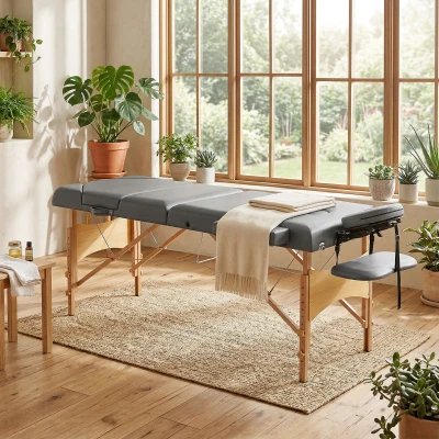 HOMCOM Table Massage Bois 3 Zones Réglable 215x60x64-89cm Gris