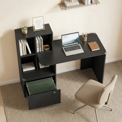 HOMCOM Schreibtisch mit Regal 4 Fächer und abschließbarer Schublade, 126 x 50 x 109 cm, schwarz