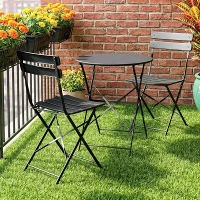 Outsunny Conjunto Bistrô de Jardim 3 peças Mesa e 2 Cadeiras Dobráveis em Ripas Dupla Proteção Antiferrugem Preto