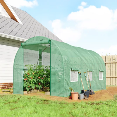 Outsunny Invernadero de  Túnel 445x200x200 cm Invernadero de Jardín con 6 Ventanas y Cubierta de Polietileno PE 140 g/m² Verde