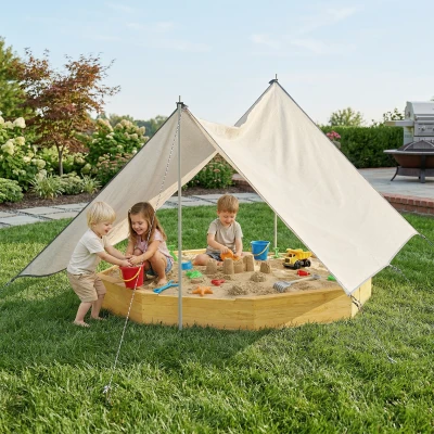 AIYAPLAY Sandkasten mit Dach 4 Sitzbänken Bodenplane für 8 Kinder von 3-8 Jahren für Outdoor Garten Holz 214,5 x 214,5 cm Gelb