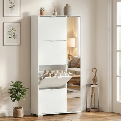 HOMCOM Schuhschrank für 16 Paar, 4 kippbare Fächer, 2 Spiegeltüren, verstellbare Regalböden, weiß