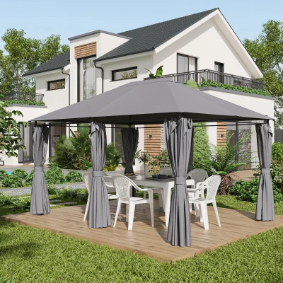 Outsunny Pégola de Jardim Pérgola de Exterior com Paredes Laterais Amovíveis e Estrutura de Aço 398x300x272 cm Cinza