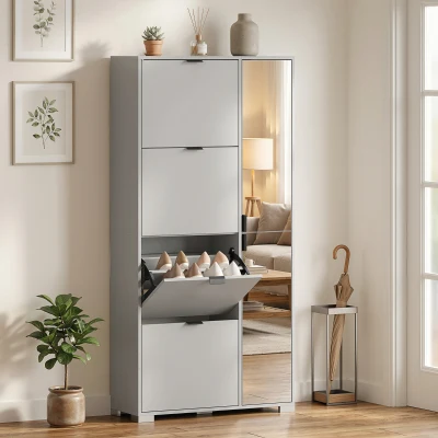 HOMCOM Armoire à Chaussures 4 Tiroirs Miroir Entrée Gris