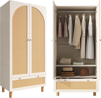 Kleiderschrank, 2-türig mit Rattan-Front, große Schublade, höhenverstellbare Regale und Kleiderstange, 85,5 x 52 x1 80,5 cm, Weiß