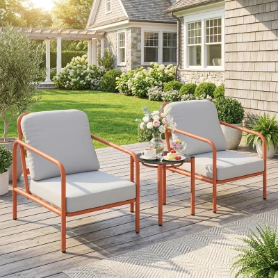 Outsunny 3-teiliges Garten-Set, 2 Sessel, 1 Beistelltisch, dicke Kissen, gehärtete Glasplatte, 63x77x76cm, Weinrot