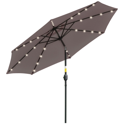 Outsunny Umbrelă de Grădină Reglabilă Ø265 cm cu 32 Lumini LED Solare și Manivelă, Umbrelă de Exterior cu 8 Bare de Sprijin, din Oțel, Poliester, pentru Terasă, Curte, Balcon, Gri