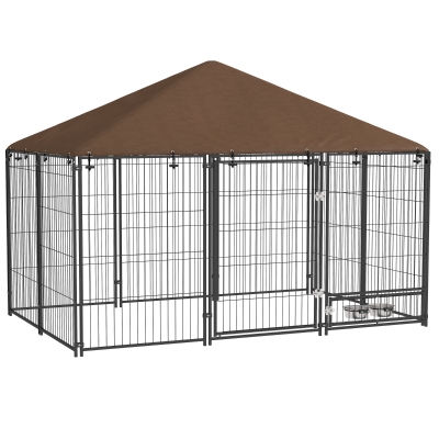 PawHut Perrera con Toldo y Soporte Giratorio para Comida 2 Cuencos Incluidos 211x141x151 cm Negro