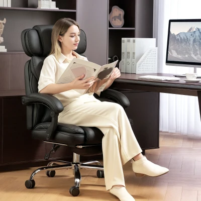 HOMCOM Krzesło biurowe ergonomiczne z regulowaną wysokością, podparciem lędźwiowym, podłokietnikami, podnóżkiem, skórzane, czarne