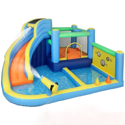 AIYAPLAY Castillo Hinchable Acuático 8 en 1 con Soplador 550W Tobogán Trampolín Escalada Piscinas Canasta Lanzamiento de Aros