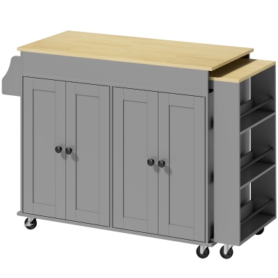 HOMCOM Isla de Cocina con Ruedas Encimera Extensible 4 Puertas Estantes Ajustables Especiero y Soporte para Toallas Gris