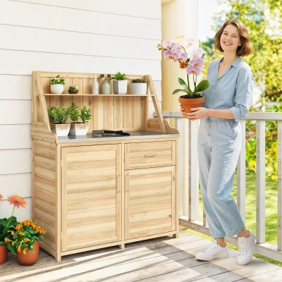 Outsunny Armoire Bois Jardin 100x45x129cm avec Tiroir et Étagère