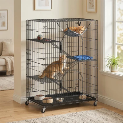 PawHut Jaula para gatos de 4 niveles con hamaca, cama, rampas y plataformas en metal con ruedas y bandeja extraíble, Negro