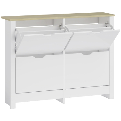HOMCOM Smalle Schoenenkast met 4 Klapvakken voor 8–16 Paar Schoenen, 105 x 26 x 80 cm, Wit + Natuurlijk hout