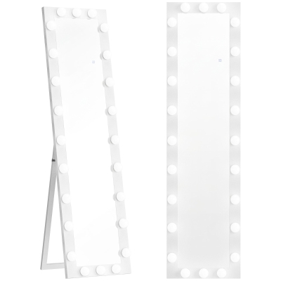 HOMCOM Ganzkörperspiegel 150x40 cm LED Spiegel mit 24 Glühbirnen 3 Lichtfarbe, freistehend oder anlehnbar Weiß
