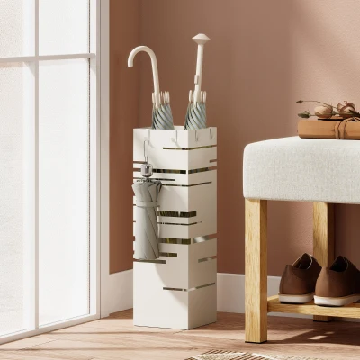 HOMCOM Portaombrelli Quadrato in Metallo con Vassoio Ganci Beige