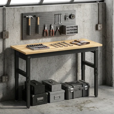 HOMCOM Banco de Trabajo en Madera y Acero Altura Regulable, 2 Tomas AC, Capacidad 900 kg, Color Madera y Negro