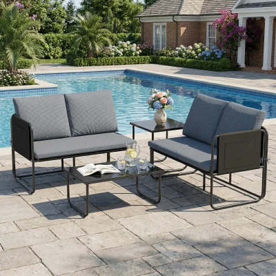 Outsunny Salon de Jardin 4pcs Canapés 2 Places Tables Verre Gris