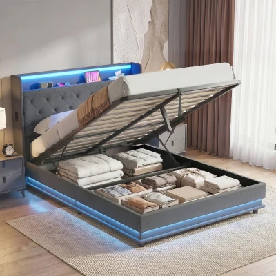 HOMCOM Lit Coffre 140x190cm LED Rembourré Lin Gris Rangement