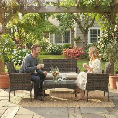 Outsunny Conjunto de Jardim em Vime com Almofadas Móveis de Exterior com 2 Poltronas Sofá de 2 Lugares Mesa com Vidro Marrom e Bege