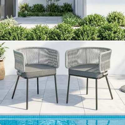 Outsunny Set de 2 Sillas de Jardín Exterior de Ratán con Cojines Reposabrazos y Marco de Acero para Terraza 55x57x75 cm Gris