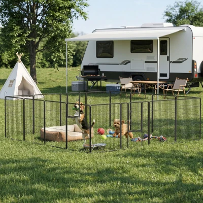 PawHut Welpenauslauf, modulares Design, 16 Elemente, 2 Türen, wetterfest, Stahl, 3,2 x 3,2 x 1 m, grau