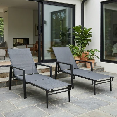 Outsunny Sun Loungers Set Steel 5-Position Retractable Dark Grey