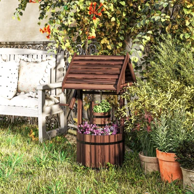 Outsunny Wood Wishing Well Planter with Bucket, Carbonized
