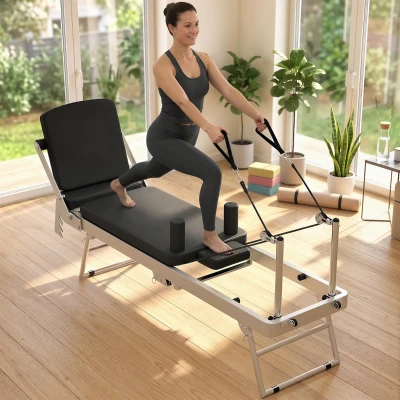 SPORTNOW Máquina Reformer Pilates Dobrável Sistema Híbrido 4 Molas e 5 Cordas Silencioso Aço 195x56x88 cm Branco
