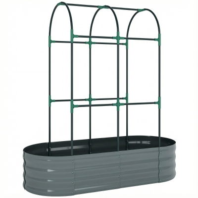 Outsunny Metal Raised Garden Bed with Trellis Dark Grey