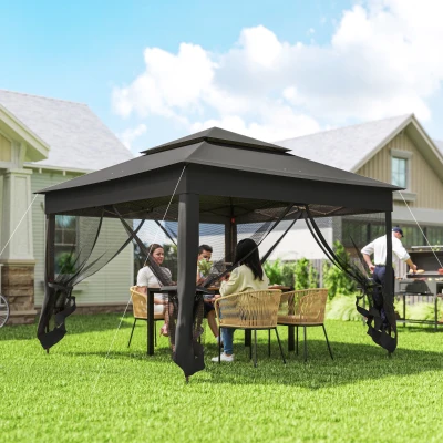Outsunny Pop-Up Gazebo Double-Roof Tent with Netting Black