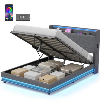 HOMCOM Lit Coffre 140x190cm LED Rembourré Lin Gris Rangement