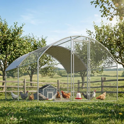 PawHut Țarc pentru Găini de Exterior, 2.8x3.4x1.9m, 9.5㎡ Țarc Metalic din Oțel Galvanizat cu Acoperiș Impermeabil Anti-UV și Încuietoare, Coteț pentru 10-16 Găini, Iepuri și Rațe