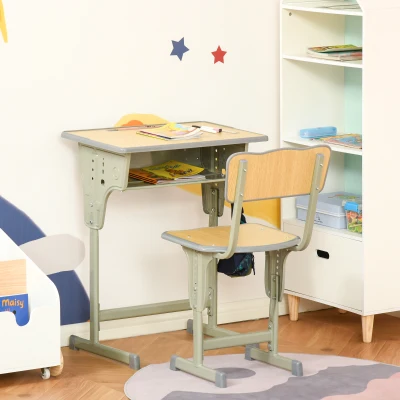 HOMCOM Vintage school-desk style children's desk & chair set - adjustable - storage compartment, bag bracket, pen holder - khaki steel, MDF light wood effect