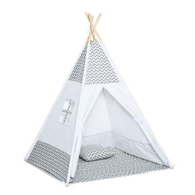 HOMCOM Indian Teepee Play Tent for Children Graphic Style - dim. 1.2L x 1.2I x 1.55H m - Closable Door Window Mat Cushion Carry Bag Included - Indoor and Outdoor Gray White