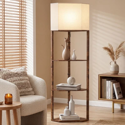 HOMCOM Corner Floor Lamp with Shelves Rustic Brown