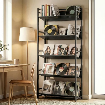 HOMCOM 5-Tier Metal Bookshelf Room Divider Black