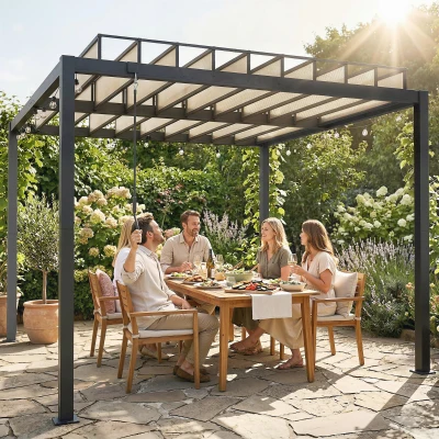 Outsunny Louvered Aluminium Pergola with PC Roof Coffee 3x3m