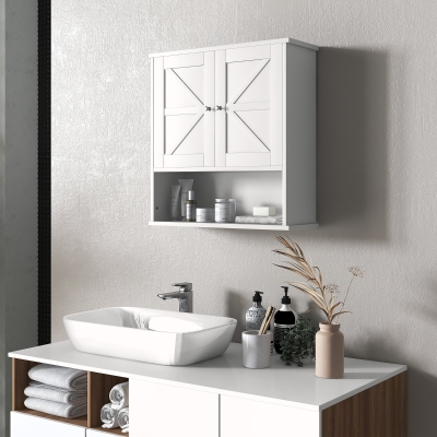 kleankin Armario de Baño de Pared Mueble de Baño Colgar Rústico con Compartimento Estante Ajustable 2 Puertas Blanco