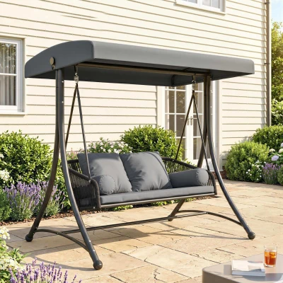 Outsunny Balancelle Rotin 2 Places Toit Réglable Coussin Gris