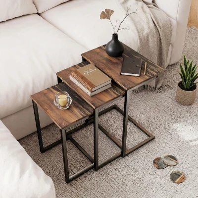 HOMCOM Satztisch, Beistelltisch, 3er-Set, Industrial Design, Stahlrahmen, braun+schwarz, 45 x 30 x 60cm