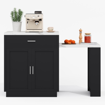 Kücheninsel mit ausziehbarem Esstisch, Aufbewahrungsschrank, 2 Schubladen, 2 seitlich offene Regale, 211x55x89,5 cm, Schwarz
