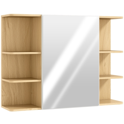 HOMCOM Mirror Cabinet Natural Wood with Storage Shelves