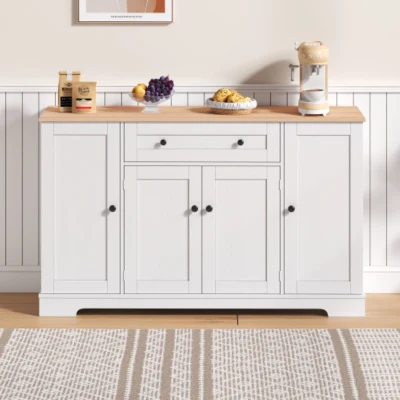 Multifunktionales Küchenbuffet, mit Schublade und Regaltüren, Modernes Design, 138 x 40 x 85 cm, Weiß+Naturfarbe