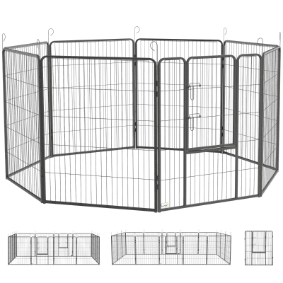 PawHut Welpenauslauf, modulares Design, 16 Elemente, 2 Türen, wetterfest, Stahl, 3,2 x 3,2 x 1 m, grau